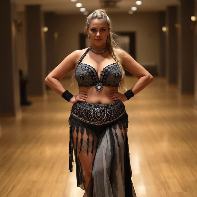 front view chubby belly dancer thirty years woman in black and grey and white costume blonde long ponytail hair stand in hall