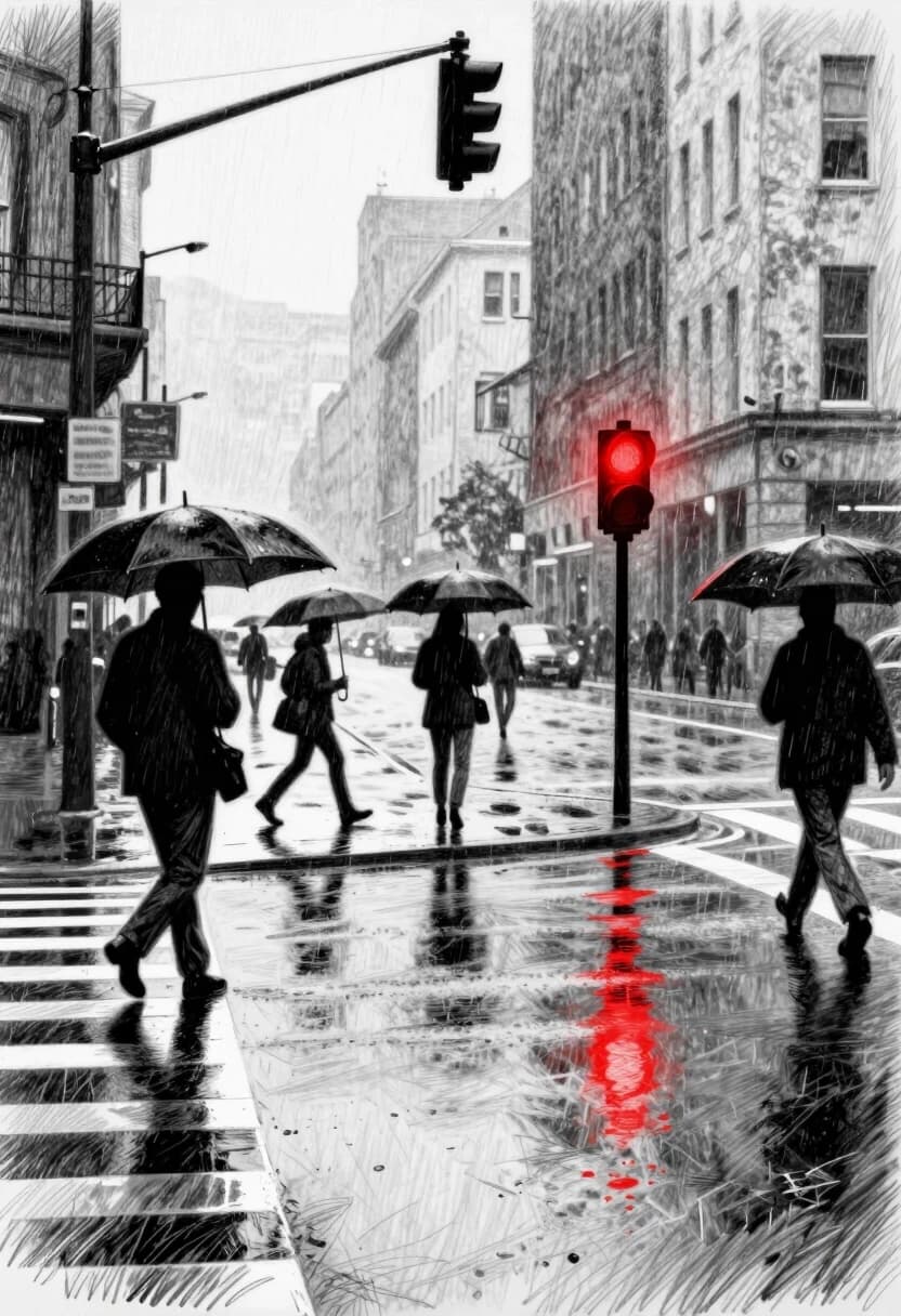 Black‑and‑white pencil sketch style, heavy graphite texture, visible штрихи и лёгкая зернистость бумаги. A rainy city intersection: wet pavement, slick umbrellas, silhouettes of pedestrians frozen in mid‑step. The entire scene is rendered in shades of grey with strong chiaroscuro, deep shadows and crisp highlights. The only splash of color: a single red traffic light glowing intensely, its reflection sharply drawn as a long red streak on the wet asphalt. No other red anywhere. The composition is wide‑angle, slightly low, emphasizing the scale of the city and the isolation of the glowing signal. Mood: tense, cinematic, slightly noir.
Keywords: pencil sketch, black and white, selective red color, red traffic light, rainy street, dramatic contrast, graphite texture, chiaroscuro, urban solitude.