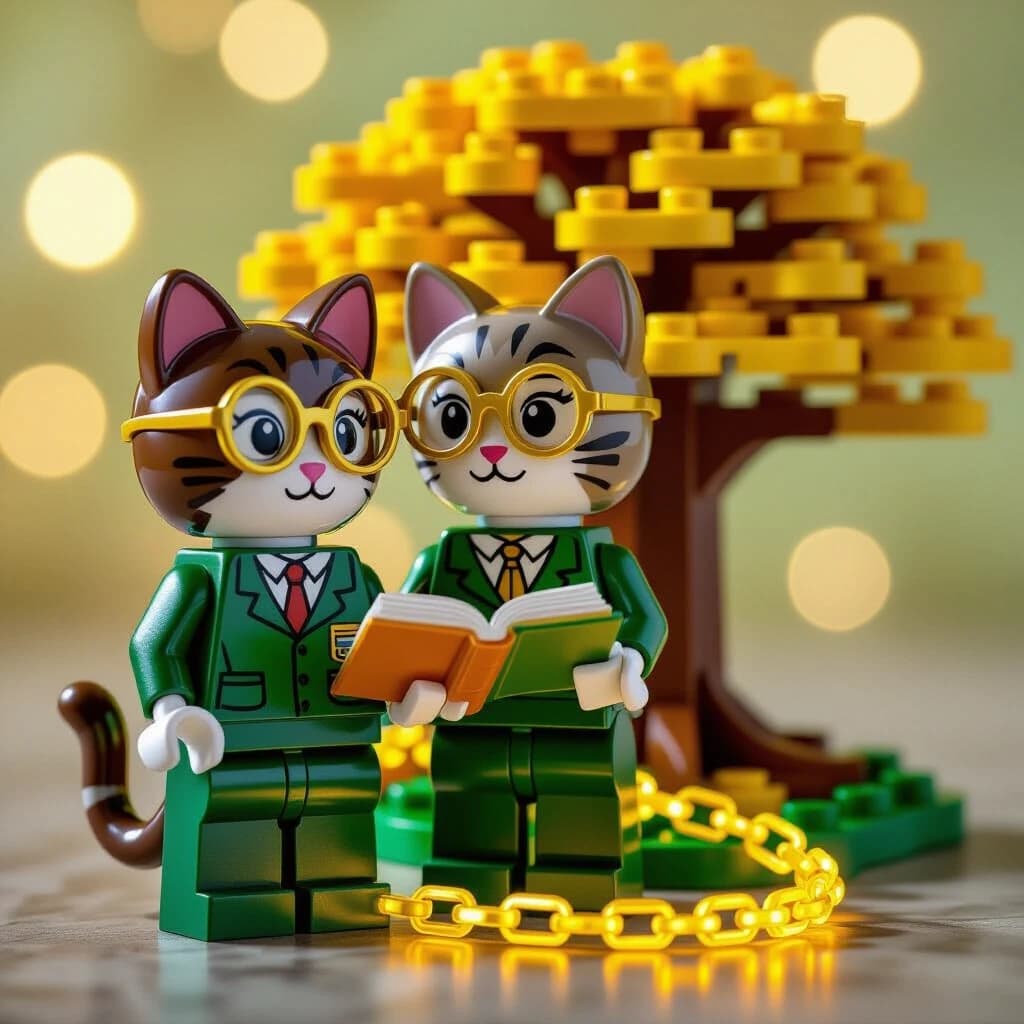 Professional 3D macro photography of a collectible stylized plastic building block minifigure. 
CHARACTER: Anthropomorphic Scholar Cat with small round golden spectacles printed on the face. Wearing a detailed dark-green academic vest print. 

ACCESSORIES & SCENE: 
1. Holding a tiny open plastic book.
2. A glowing translucent neon-gold plastic chain wrapped around the figure's base.
3. BACKGROUND: A large stylized Golden Oak tree built from glossy yellow and gold plastic blocks, soft bokeh blur.

BODY ANATOMY: Authentic toy proportions, cylindrical head with cat-ear headpiece and top-stud, U-shaped pincer hands, blocky torso, articulating short legs, curved plastic tail attachment.
SURFACE & MATERIAL: High-gloss reflective ABS-plastic texture, subtle mold lines, crisp silk-screen printed details, subsurface scattering on the plastic for premium toy look.
LIGHTING & RENDER: Cinematic rim light from the glowing chain, Octane Render, 8k, sharp focus on the figure, Ray Tracing reflections on the gold elements.

STAGE: Standing on a dark-green plastic baseplate. 
SECURITY: With a translucent semi-transparent digital watermark "COPYRIGHT" overlaying the center of the composition.
Используйте код с осторожностью.Что изменилось в «движке»:Светящаяся цепь: Прописана как translucent neon-gold plastic — это создаст эффект дорогого полупрозрачного пластика, который «светится» изнутри.Золотой дуб: Указано, что он собран из yellow and gold plastic blocks. Это важно, чтобы дерево не выглядело настоящим, а казалось частью набора конструктора.Освещение: Добавлен cinematic rim light от цепи, чтобы золотые блики красиво ложились на мордочку кота.Попробуй запустить этот промт. Если результат покажется слишком ярким, можем приглушить свечение цепи или сделать дуб более схематичным.Какого следующего персонажа из сказок превратим в фигурку?В ответах искусственного интеллекта могут быть ошибки. Подробнее