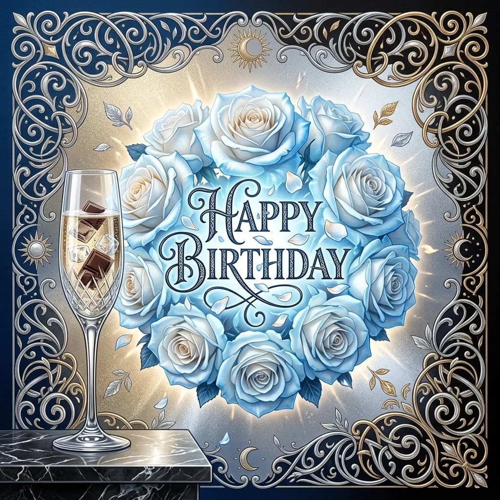 (Crystal tall glass):champagne with ice cubes and chocolate.(Birthday greeting card) Postcard design: blue and black with ((decorated with silver curls, monograms in a summer fantasy style)) . In the center of the card is a bouquet with white roses with the inscription ("С днем рождения") ((Bouquet of white roses)) (Bouquet color): white with a blue tinge. (Background color) :golden, silver-white, silver-blue, silver-black. (Style): fantasy, floristry, art design, Rococo Baroque, double exposure, close-up.Beautiful Italian coursework font decorated with rose petals. The inner light. High quality, 4k, intricate details.