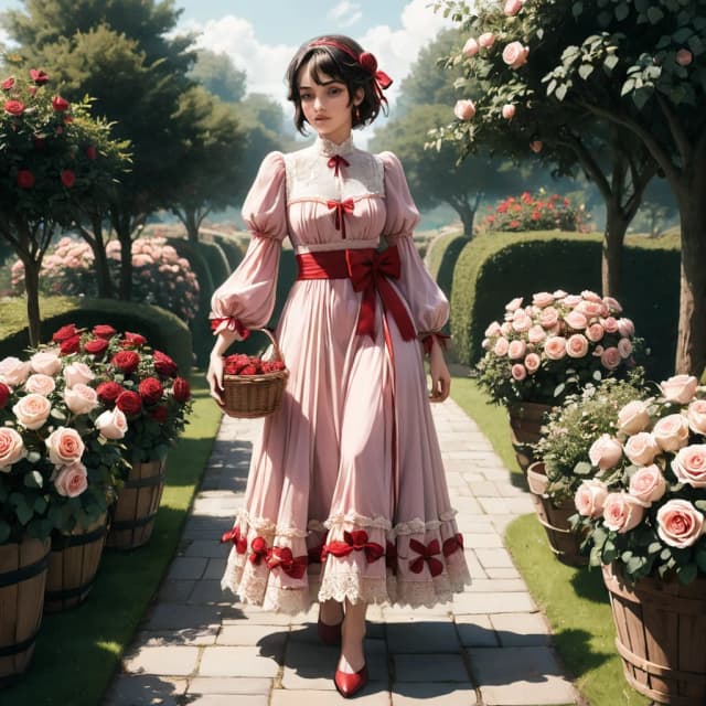 Full-length, vertical oil painting of a young woman in a flowing crimson 19th-century dress with puffed sleeves and delicate lace trim, bending to pick pale pink roses from a sunlit garden path; she carries a woven wicker basket overflowing with roses in shades of cream, blush, deep rose and burgundy, her dark hair loosely pinned with a red ribbon, soft tendrils framing a smiling, serene face. Dappled golden-hour light filters through birch-like trees, creating warm highlights and gentle shadows, luminous skin tones, rich saturated reds and lush greens. A playful fluffy white cat leaps at her skirt in the foreground, adding motion and charm. Painterly, impressionist-realist style, visible impasto brushstrokes, high-detail textures in fabric, petals and fur, soft atmospheric background with depth, romantic, nostalgic mood, balanced composition with leading path and layered midground and background foliage.