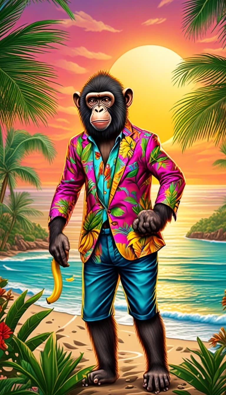A comical picture. A monkey dressed in clothes is sitting in the palm tree leaves with a banana in its hand, surrounded by a colorful sunset on the ocean coast