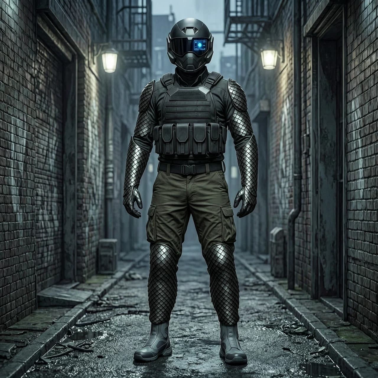 A full-body concept art of a sci-fi military operative standing in a dark cyberpunk alley. He is wearing a realistic dark tactical combat shirt and loose dark-olive military combat cargo pants. Over the shirt, he wears a matte-black heavy tactical ballistic plate carrier armor with a detailed chest rig and mag pouches. His head is enclosed in a high-tech Ops-Core ballistic frame helmet with a glossy black motorcycle visor showing a very faint, dim, barely visible blue holographic HUD interface with minimal graphics. Symmetrically, both arms are completely covered from shoulders to fingertips in an integrated armor sleeve made of completely matte, non-reflective vanta-black carbon fiber dragon scales that absorb light and have absolutely zero gloss. The flat matte scales seamlessly form the articulated gauntlets and fingers in the exact same non-reflective dark tone. Over his combat pants, his legs from knees down to the shins are reinforced with matching heavy, larger and bolder completely matte, flat-black dragon-scale plate armor guards with no metallic reflections. On his feet, he wears lightweight high-tech futuristic combat boots. Professional tactical mercenary, photorealistic, intricate cybernetic details, low-key cinematic lighting --ar 16:9
