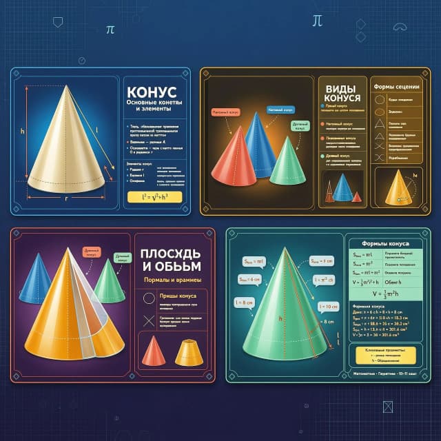 Create a series of 16:9 cards for a math teacher on the topic "Cone. Types of cones. Sections of cones. Area and volume." Bright colors, volumetric figures.