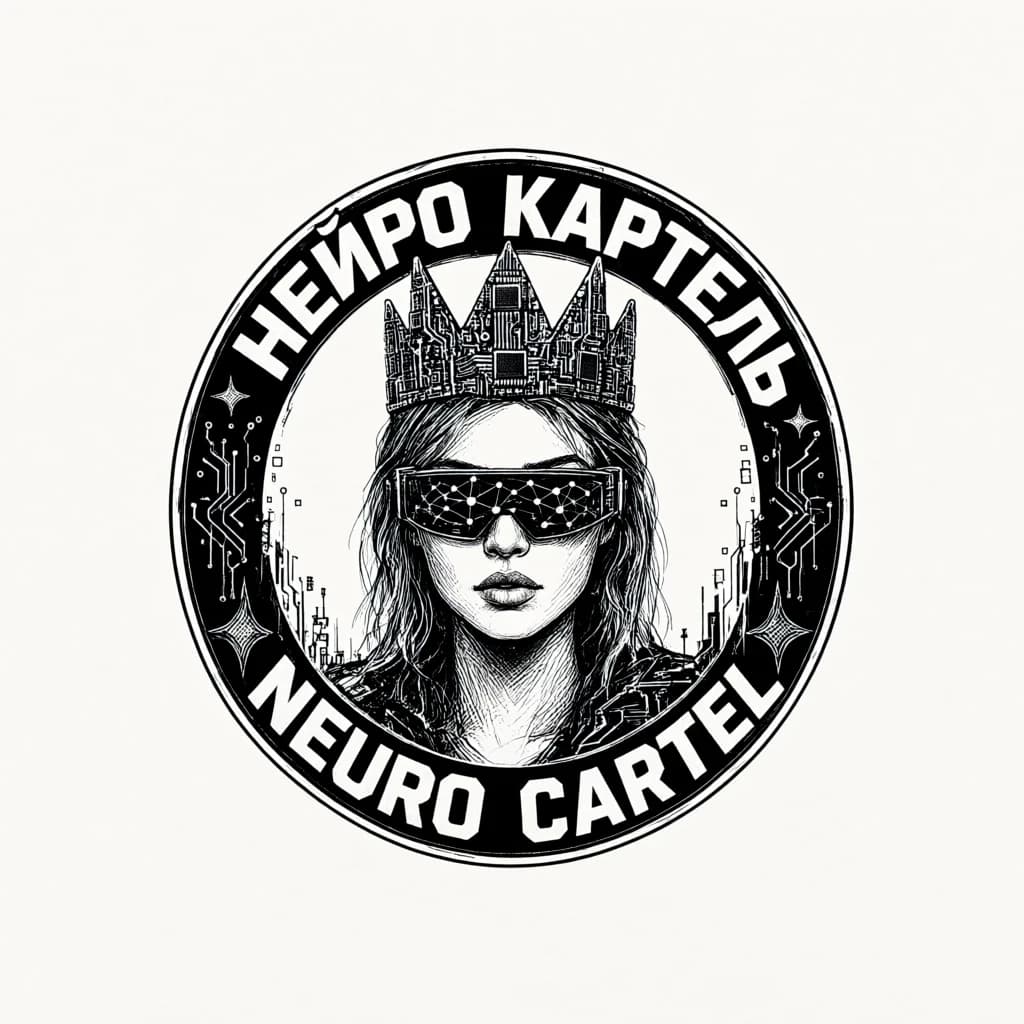 Круглая эмблема, квадратный кадр, вся композиция вписана в круг. В центре медальона — чёрно-белый гравюрный портрет женщины крупно и фронтально, взгляд прямо, корона из микросхем с тремя зубцами, тёмные очки-визор со схемой нейросети в стёклах. Вокруг медальона кольцевая рамка с надписью «НЕЙРО КАРТЕЛЬ» по верхней дуге и «NEURO CARTEL» по нижней, жирный гротеск, белым по чёрному. Жёсткая штриховка пером, стиль панк-зина и ксилографии, без полутонов.