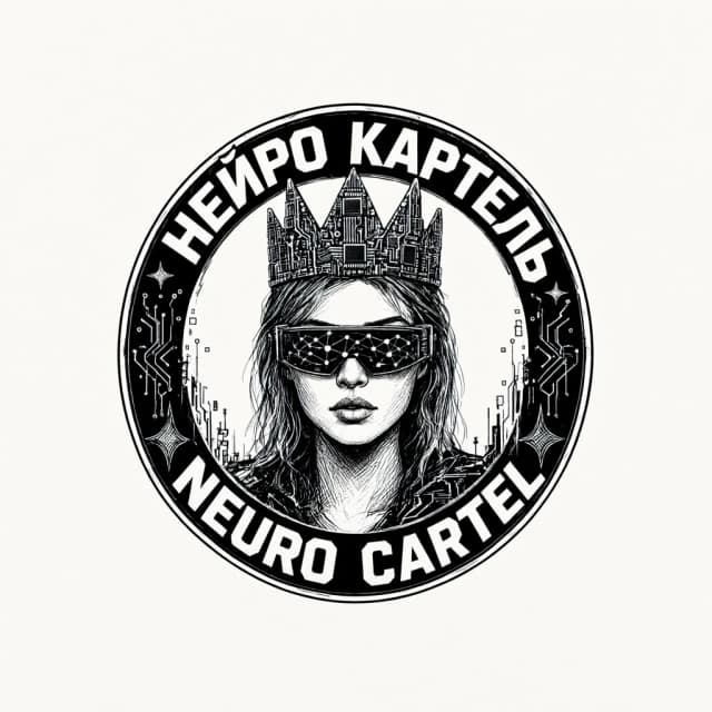 Круглая эмблема, квадратный кадр, вся композиция вписана в круг. В центре медальона — чёрно-белый гравюрный портрет женщины крупно и фронтально, взгляд прямо, корона из микросхем с тремя зубцами, тёмные очки-визор со схемой нейросети в стёклах. Вокруг медальона кольцевая рамка с надписью «НЕЙРО КАРТЕЛЬ» по верхней дуге и «NEURO CARTEL» по нижней, жирный гротеск, белым по чёрному. Жёсткая штриховка пером, стиль панк-зина и ксилографии, без полутонов.