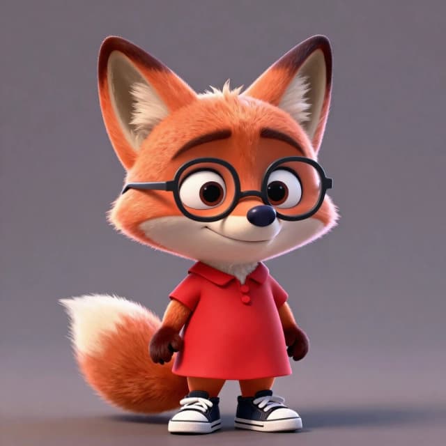 3D cartoon character funny fox in a red dress, sneakers on paws, glasses on muzzle. Background is gray with soft lighting creating subtle shadows on facial features. Style imitates Pixar animation with detailed textures and expressive facial expressions