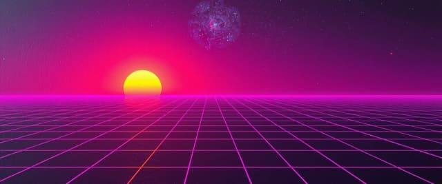 Synthwave retro gaming banner, neon purple and sunset orange wireframe grid horizon, 80s arcade gaming aesthetic, glowing digital lasers, pixel art particle effects on borders, minimal dark composition in the middle, vibrant neon glow, 8k --ar 16:9