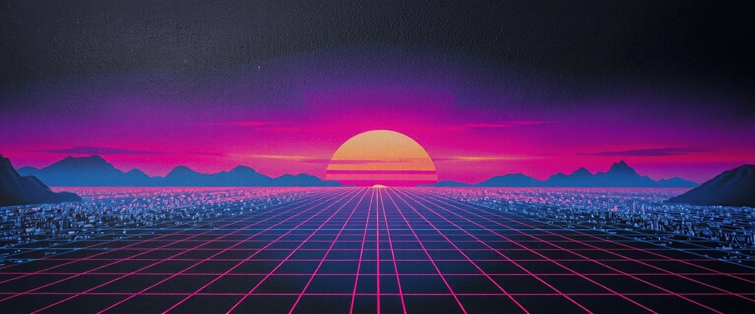 Synthwave retro gaming banner, neon purple and sunset orange wireframe grid horizon, 80s arcade gaming aesthetic, glowing digital lasers, pixel art particle effects on borders, minimal dark composition in the middle, vibrant neon glow, 8k --ar 16:9
