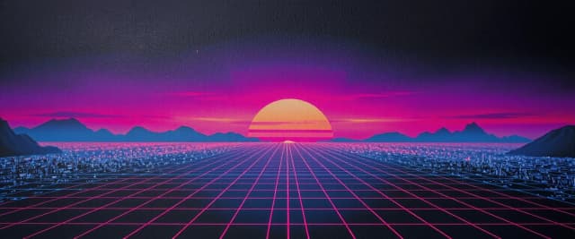 Synthwave retro gaming banner, neon purple and sunset orange wireframe grid horizon, 80s arcade gaming aesthetic, glowing digital lasers, pixel art particle effects on borders, minimal dark composition in the middle, vibrant neon glow, 8k --ar 16:9