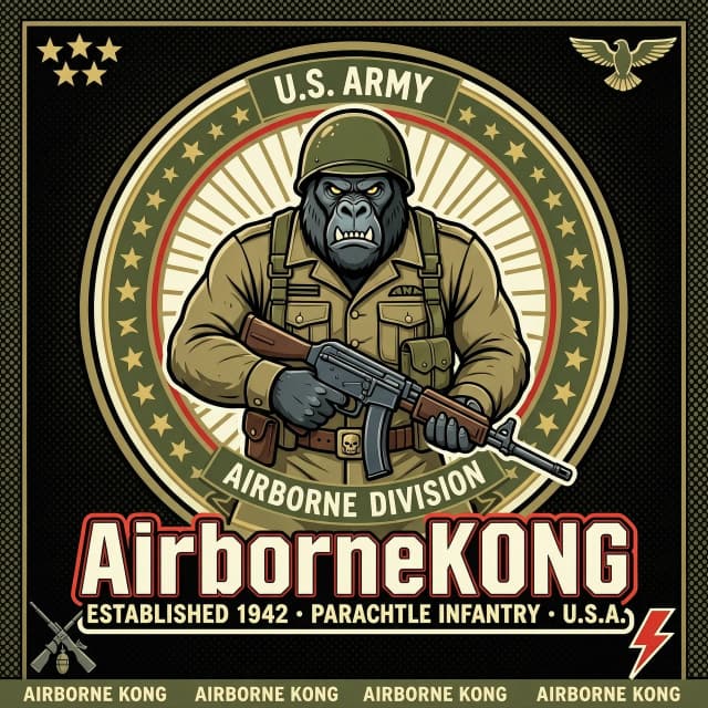 Горилла десантник с надписью внизу "AirborneKONG"
Ещё вариант создать  надпись должна быть такой: AirborneKONG