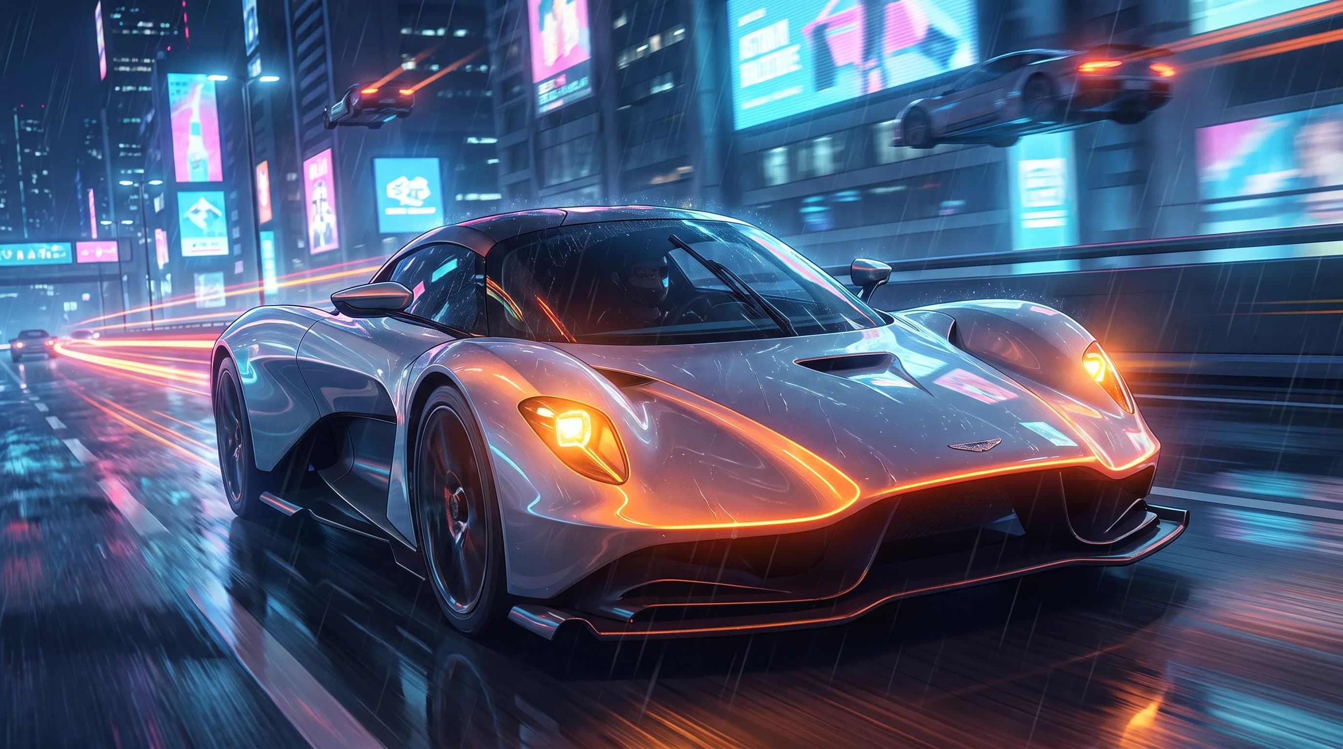 Aston Martin Valhalla, едет по дороге, эпичный ракурс, горящие фары, шедевр, крупный план, стиль аниме с реалистичными деталями, киберпанк,