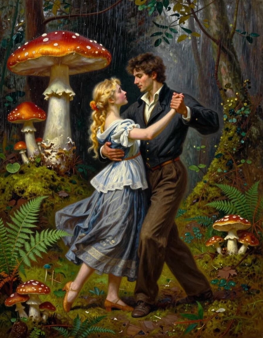 A masterpiece. Creating an image. Style - oil painting. ((A secluded forest glade among ferns, mushrooms and moss, in the foreground, a beautiful blonde girl and a handsome young man are dancing together, holding hands, waltzing under a warm mushroom rain:1.6)). High resolution. High detail and clear texture. Close-up. High quality. Increased attention to small details. The aspect ratio is 3:4. The artists are Levitan, Shishkin.