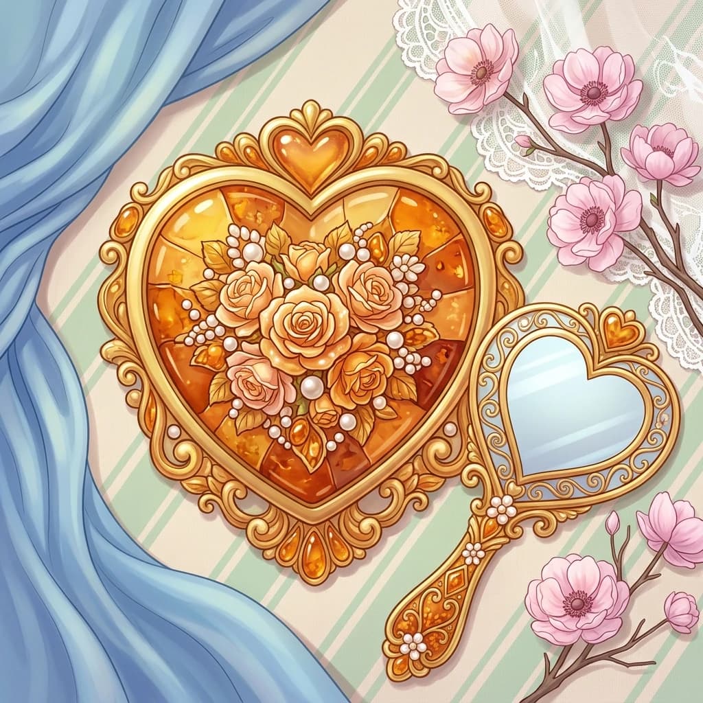 The image shows a bright and romantic illustration made in soft pastel colors. In the center of the composition is a large amber crest with a golden heart—shaped rim.   Its surface is encrusted with a bouquet of roses made of pearls and amber. 
 Image Details:
Background: consists of diagonal stripes of light green on a beige background. White lace fabric is visible on the right, and blue drapery is visible on the left.
Mirror: has an intricate gold frame with swirls and hearts. The mirror handle is decorated with amber patterns and small pearl flowers. 
- Flowers: next to the mirror there are twigs with delicate pink flowers (probably peonies or anemones), which add airiness to the composition. To the right of the comb is an amber-framed mirror with a gold handle, also decorated in the shape of a heart. ((Style):fantasy art, Baroque, art design, romance, close-up, still life, high quality, gradient, grace, Interior light, 4k, intricate details.