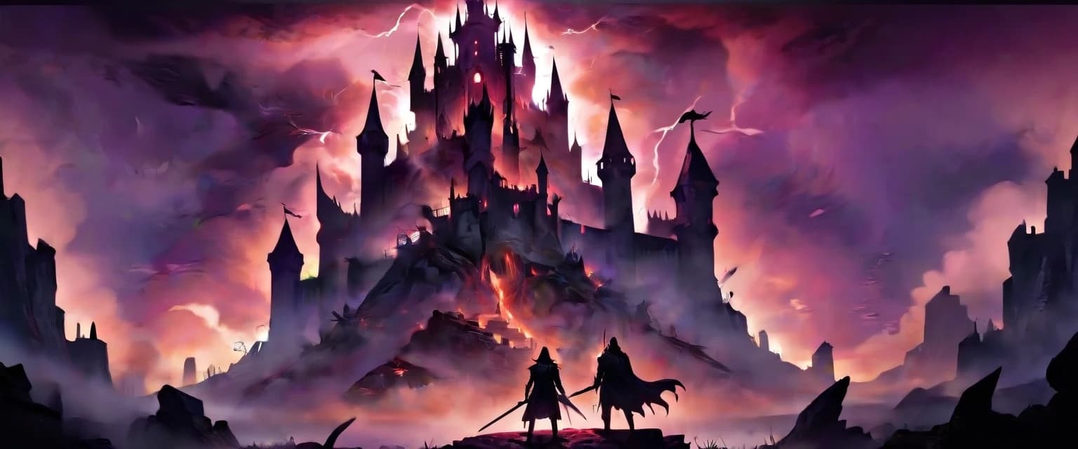 Dark fantasy gaming YouTube banner background, gothic ruined castle under a stormy blood-red and purple sky, mystical glowing fog, epic mood, detailed silhouette of a knight in armor on the side, negative space in the center for text, cinematic atmosphere, 8k wallpaper, volumetric lighting --ar 16:9