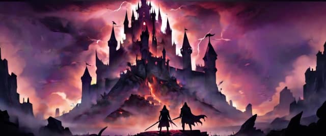 Dark fantasy gaming YouTube banner background, gothic ruined castle under a stormy blood-red and purple sky, mystical glowing fog, epic mood, detailed silhouette of a knight in armor on the side, negative space in the center for text, cinematic atmosphere, 8k wallpaper, volumetric lighting --ar 16:9
