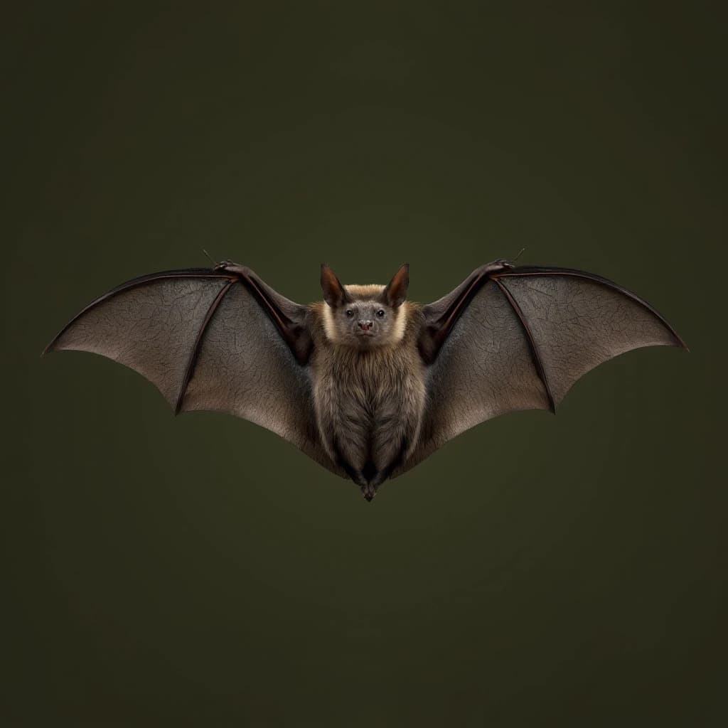 Draw a symmetrical frontal frame in the style of Wes Anderson for the A6 format. In the center is a full—length bat (in a relaxed pose, wings neatly folded), with a light olive—colored cape on her shoulders. The background is a muted matte olive, without unnecessary elements. Palette: olive, dark gray, brown, beige. The lighting is subdued, atmospheric, and soft shadows. High detail: wing membranes, cape fabric texture, anatomically precise bat proportions. No labels. 8K, cinematic style.
