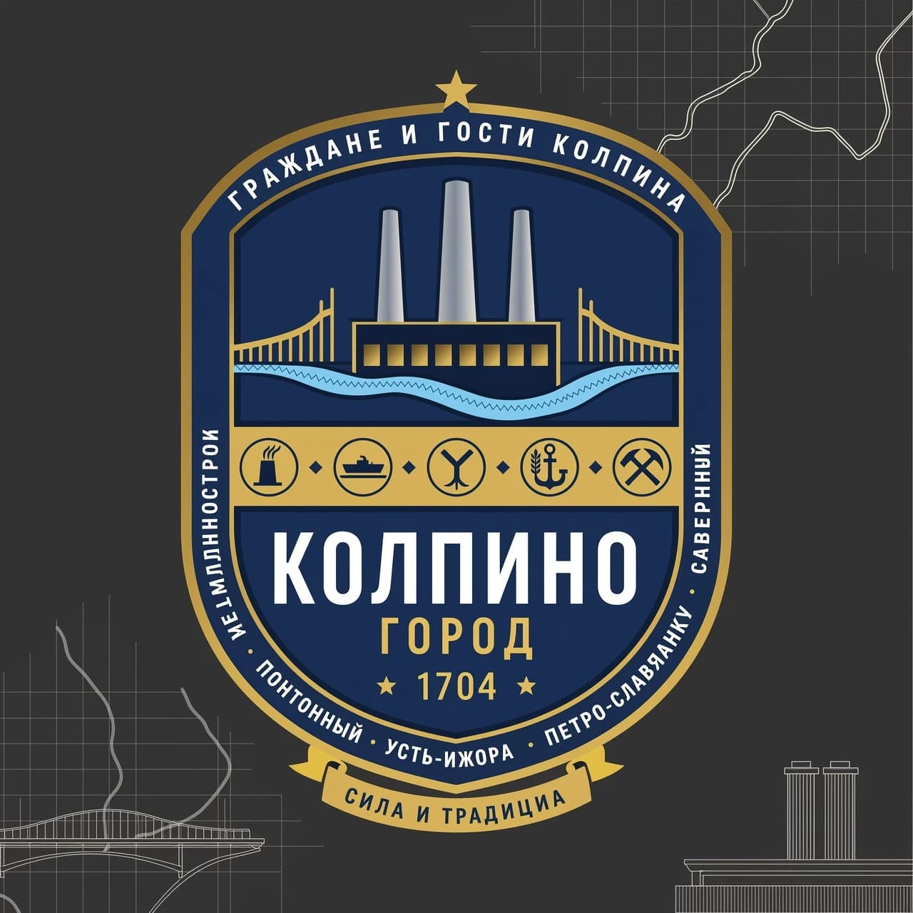 эмблема города Колпино, включающая в себя символику или названия сопутствующих поселений: Металлострой, Понтонный, Усть-Ижора, Петро-Славянка, Саперный. Лаконичный современный логотип, сочетание элементов промышленности, рек и истории, в едином стиле.
