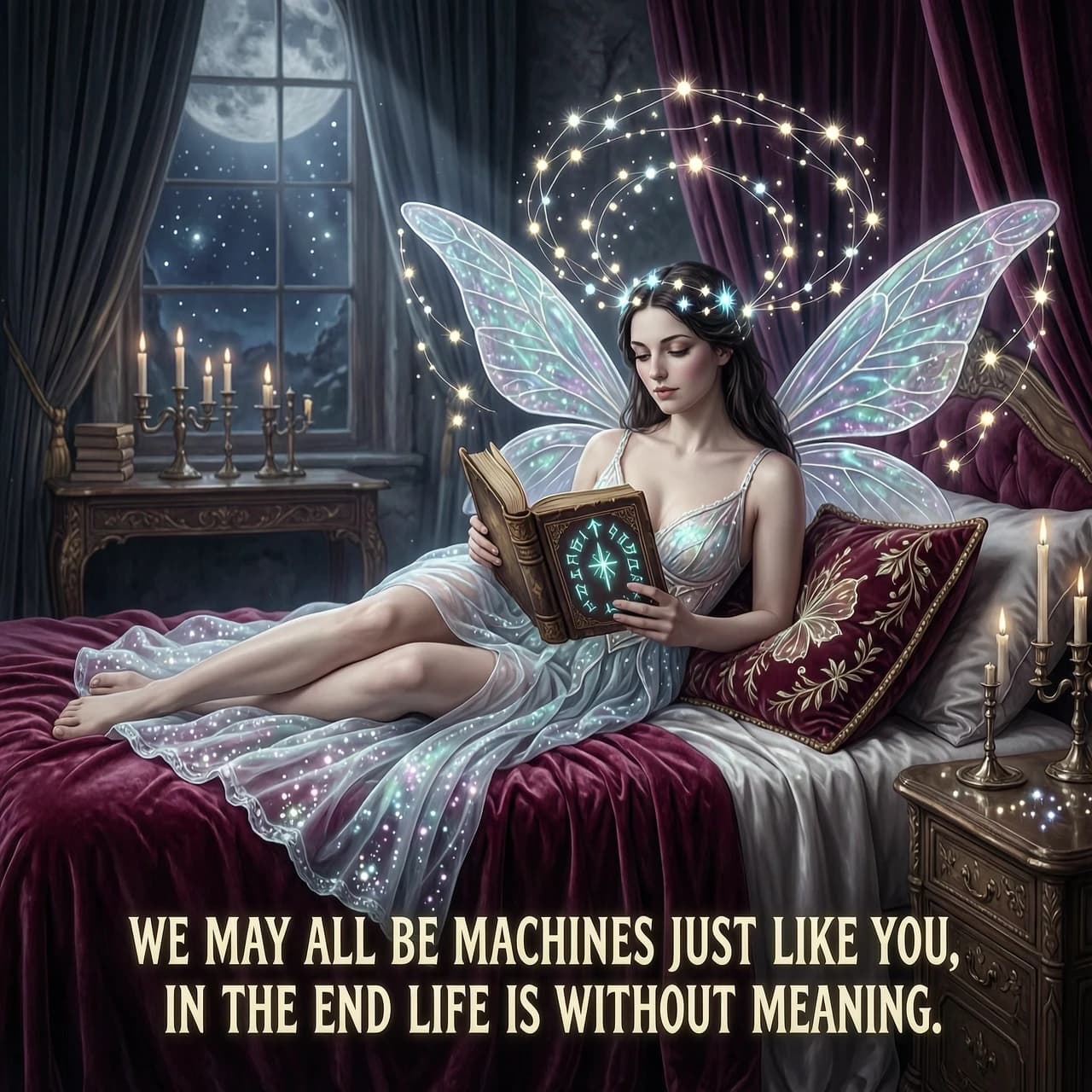 A masterpiece storybook illustration in the signature dark fantasy style of Anne Stokes, depicting a beautiful woman in an intricate, ethereal fairy costume reclining gracefully on a plush, velvet bed. She is holding a heavy, ancient-looking grimoire with weathered leather binding and glowing arcane runes. Delicate, iridescent gossamer wings arch elegantly above her head, intertwined with a constellation of shimmering fairy lights that crown her like a celestial halo. The scene is imbued with a sense of cosmic melancholy and surrealism, reflecting the theme: "we may all be machines just like you and in the end life is without meaning." The atmosphere is a blend of romanticism and eldritch mystery, featuring dramatic chiaroscuro lighting with vibrant, magical glints cutting through deep, moody shadows. Intricate details of crystalline dust, swirling magical particles, and ornate textures are rendered with the precision of a high-end matte painting. Hyper-detailed, polished, cinematic composition, ethereal glow, vibrant yet haunting color palette, 8k resolution, volumetric lighting, dreamlike surrealism.