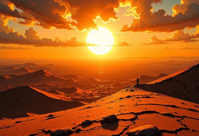 a vast, undulating desert with sweeping sand dunes under a relentless, scorching midday sun. Intense cinematic lighting with harsh shadows and brilliant highlights, heat haze shimmering on the horizon. High-detail textures of cracked earth and wind-blown sand. Style: hyper-realistic digital art with a gritty, cinematic feel, reminiscent of high-end concept art. Mood: primal, harsh, majestic, and sun-drenched. Medium: detailed matte painting with sharp focus on the emblem's textures.
