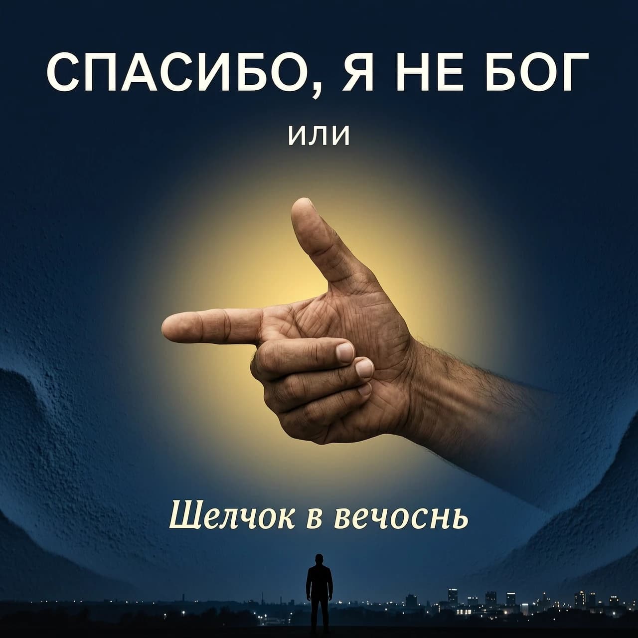 создай обложку книги на русском языке Фон: Тёмно-синий, почти чёрный, с лёгкой текстурой, напоминающей песок или пыль.
Центр: Крупным планом, вид от первого лица - ладонь направлена от нас и вперед— мужская рука, пальцы которой готовы к щелчку пальцами - большой и средний пальцы соединены, безымянный и мизинец прижаты к ладони, указательный смотрит в сторону от нас,. Вокруг них — мягкое золотистое свечение.
Верхняя часть (крупно):
СПАСИБО, Я НЕ БОГ
Чуть ниже (мелко): или
Внизу под всем изображением (курсивом, чуть крупнее «или»): Щелчок в вечность
Под текстом: Едва заметный силуэт одинокого человека на фоне бесконечного горизонта и ночного города
Цветовая гамма: Чёрный, тёмно-синий, золотой. Минимализм, строгость, атмосфера одиночества.