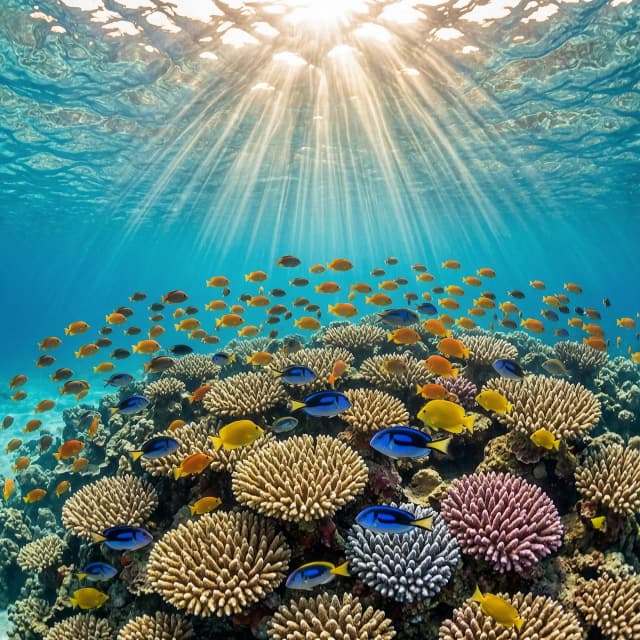 A breathtaking underwater view of a vibrant coral reef. Schools of colorful tropical fish swimming through sunlight rays piercing the water surface from above (god rays). Extremely detailed, crystal clear water, vibrant colors, wide angle lens, professional underwater photography