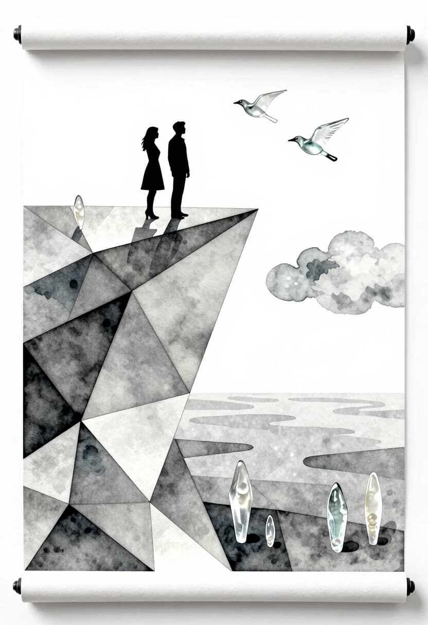 A polygonal pattern on canvas, a scroll, angular bold lines, stencil watercolor, a high plateau with translucent stalagmites, a pearl-gray sea below, clouds + silhouettes of a woman and a man, glass birds in the sky, a minimalist palette.