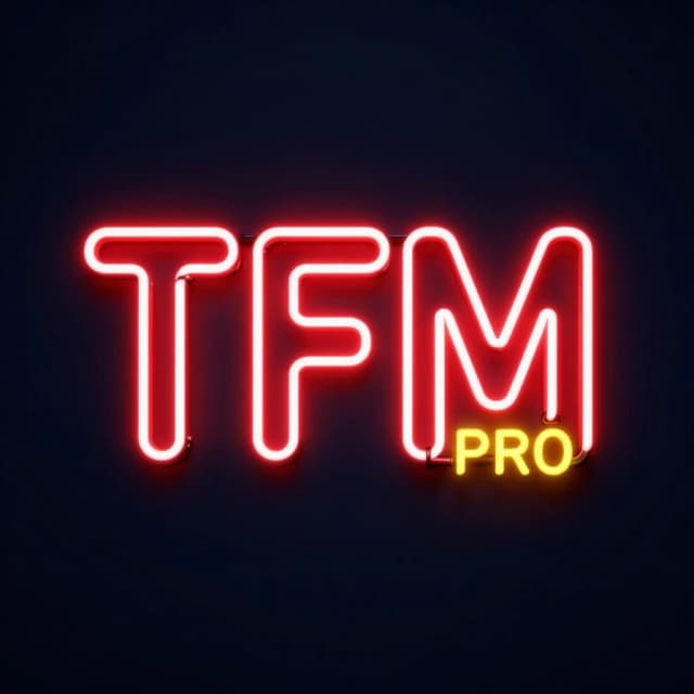 Крупные три заглавные буквы TFM и слово "PRO" желтыми небольшими заглавными, выполненные в стиле яркой красной неоновой вывески. Буквы плотно сгруппированы по центру, имеют легкое белое свечение по контуру и ярко-красную подсветку на темно-синем (почти черном) матовом фоне. Стиль — киберпанк и хай-тек, минимализм. Текстура стекла или легкий туман вокруг букв для эффекта глубины. Композиция строго по центру. Квадратный формат 1:1. Без лиц, без лишних деталей по краям, только буквы