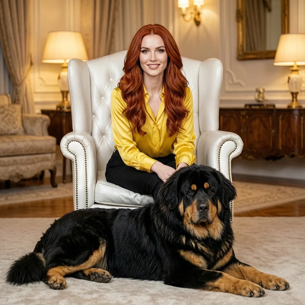 A magnificent square 1:1 format portrait of a stunningly beautiful, young-looking and highly elegant woman with radiant flawless skin and a fresh youthful face. She has vibrant long red hair arranged in luxurious voluminous locks, with modern elegant makeup. She is wearing a stylish bright yellow silk blouse, looking sharp, sharp and wealthy. She is sitting in a white silk Voltaire armchair with deep button-tufted upholstery. Lying on the floor next to her is a large majestic Mongolian fluffy dog, a black-and-tan Tibetan Mastiff with thick long fur and distinctive tan spots over its eyes, looking exactly like a Bankhar breed. Rich luxury room background, soft warm lighting, bokeh, 8k resolution, centered composition, no text