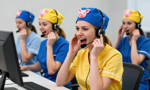 Stupid, silly girls of Slavic appearance, in yellow and blue medical uniforms, are sitting in a call center, shouting into headsets, wearing blue and yellow medical caps with a picture of a pig's head on their heads.