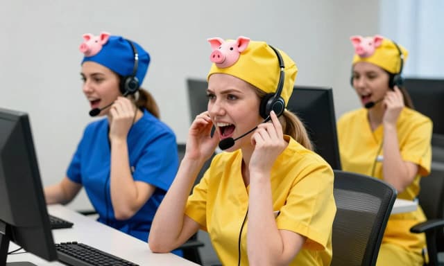 Stupid, silly girls of Slavic appearance, in yellow and blue medical uniforms, are sitting in a call center, shouting into headsets, wearing blue and yellow medical caps with a picture of a pig's head on their heads.