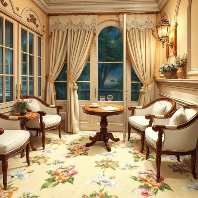 ((The interior of the café, a closed glazed night terrace, soft armchairs, elegant round tables made of carved wood for two people, beautiful wine glasses on the tables, the floor and walls): decorated with an intricate pattern of white‑pink, silver‑pink, white, and silver irises and tulips. Lace curtains on the windows.) .(Colors): beige, light gold, pearl gold, golden brown, light green, orange‑beige, golden green. (Style): shabby chic, romance, coziness, softness, art design, close‑up, advertising, café, coffee cups, vanilla, cinnamon, pastries.  ((Where the scent of irises, perfumes and wine lingers.)). ((At the old table, I waited for you so long!)).  The night can be so colorful.  The light source is golden‑white, a lantern, a terrace. (Style):design art, Van Gogh style, advertising, close‑up, high quality, romance, night, twinkling stars, ((nighttime café terrace)), soft, flowing light from the lanterns. Interior light, 4K, intricate details.