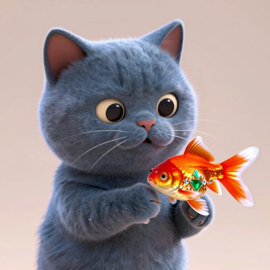 pixar britis cat blue-grey color   держит лапой за хвост золотую рыбку:
Золотая рыбка s ukrasheniem daimond i isumrudov