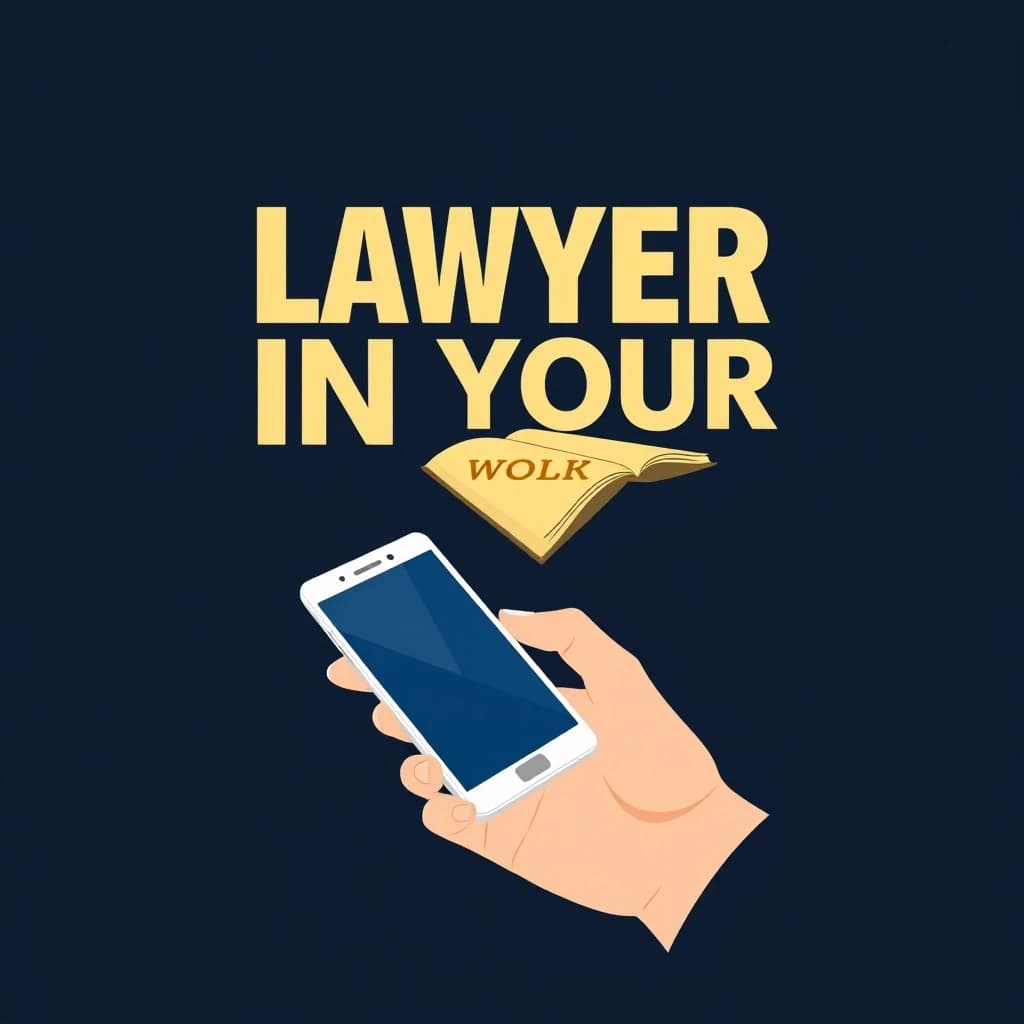 Minimalist poster, dark navy background, a smartphone in a person's hand, a law book with golden letters flying out of the phone, silhouette of a person in the background, large bold text "ЮРИСТ В КАРМАНЕ" in white and gold, clean design, 8k, strict and confident mood, no clutter, professional typography --ar 16:9