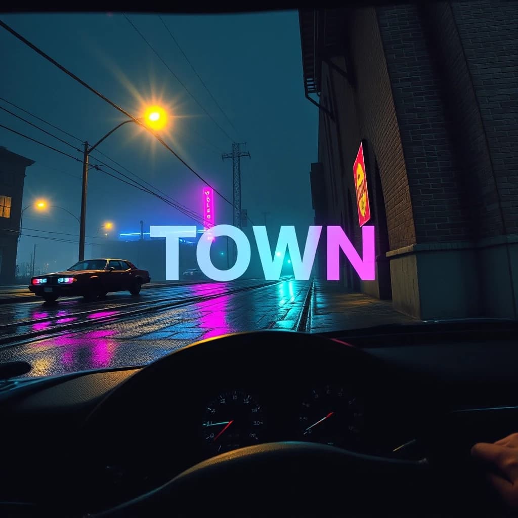 Обложка для трека «Town» сгенерирована в разрешении 1024×1024 пикселя.

Визуальный ряд передает мрачную атмосферу ночного города: вид из салона затонированного маслкара, залитый дождем перекресток и индустриальные силуэты на горизонте. Внизу кадра отчетливо виден обод руля, задающий точку обзора. Единственный старый фонарь бросает жесткие желтые пятна света на мокрый асфальт, которые смешиваются с холодными фиолетовыми и бирюзовыми бликами неоновых вывесок. Из канализационных люков поднимается густой туман. Слово «TOWN» интегрировано прямо в окружение — оно проступает сквозь кирпичную стену как призрачный глитч или стрит-арт.