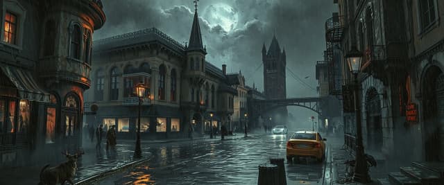 Urban gothic dark fantasy banner, rainy night cityscape with Victorian gothic architecture, glowing street lamps, misty cobblestone streets, subtle red neon signs reflection in puddles, dramatic shadows, moody and mysterious gaming atmosphere, empty center for text --ar 16:9