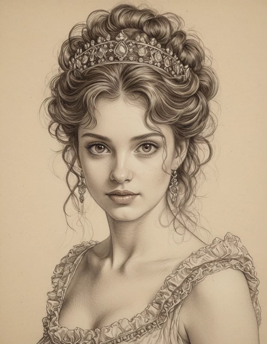 A real french portrait of a beautiful young goddess, big brown sparkling eyes, slight smile, fantasy clothes, messy hairstyle, intricate details and precisely drawn cross-hatching lines throughout the drawing, bold lines