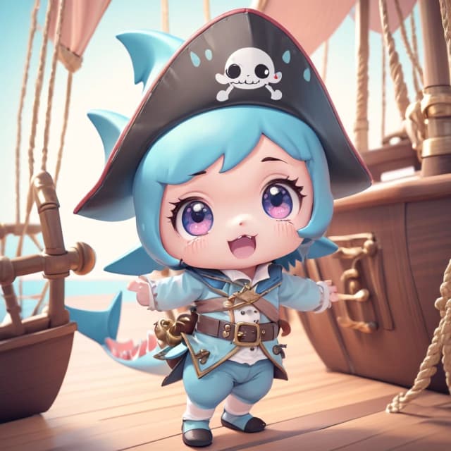 chibi cute shark pirate, tiny adorable baby shark girl, pirate costume, tricorn hat, on a grand sailing ship, kawaii, big expressive eyes, soft pastel colors, detailed background, artstation, 8k