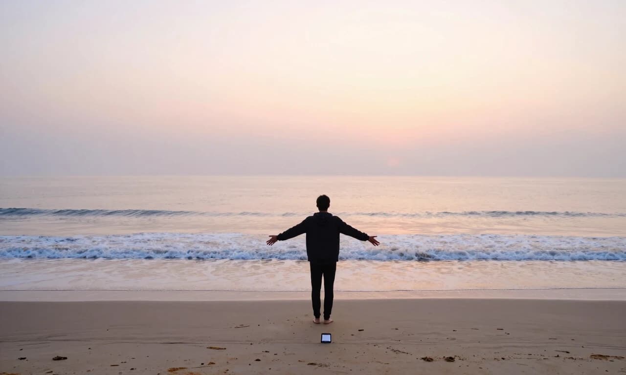 A person standing on an empty beach at sunrise, arms slightly open, facing the ocean, phone left behind on the sand far in the distance, waves washing over the sand, letting go and moving forward, wide shot, hope and solitude, cinematic lighting, soft golden and pastel tones, 8k --ar 16:9 --style raw