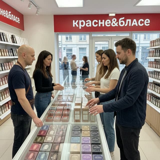 Лысый самый продавец и низкая брюнетка работают в магазине красное&белое, а на против них стоят покупатели поколения замеров с длинным маникюром и не могут взять товар с прилавка
