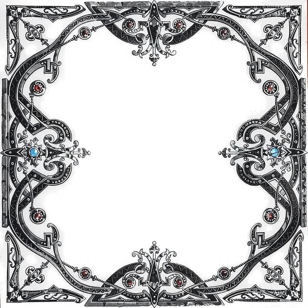 Create a corner for a frame on a clean white background (NO SHADOW) blackened silver; Celtic lines; small red or blue stones; symmetry; gothic fantasy. Only a corner on one sheet, nothing more