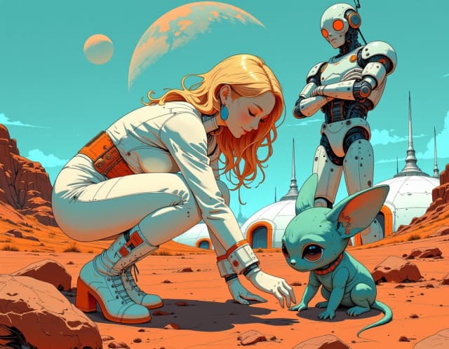 A masterpiece,  in the style of the 1980s, with bold lines, dynamic strokes and rich textures, on background with a touch of nostalgia, perhaps with subtle drawings inspired by cellulose and vintage, worn textures similar to paper, oil painting, The image is a digital illustration, not a photograph, depicting a futuristic scene. The environment is a reddish‑brown alien desert under a bright blue sky featuring a large planet and a smaller moon. In the background, there are sleek, white, dome‑shaped buildings with spires and an orange‑door entrance. A silver humanoid robot stands with its arms crossed; its head is metallic with glowing red eyes and a small antenna. A blonde woman with wavy hair, wearing a white outfit with red accents and white high‑heeled boots, bends forward and gently pets a small, blue‑green creature with large ears and expressive eyes. The creature resembles a cute alien pet. The woman has a soft smile and appears affectionate toward the creature. In the lower left corner, A blonde woman in a futuristic outfit gently pets a small blue alien creature while a silver robot stands nearby in a sci‑fi landscape with domed buildings and a large planet in the sky.. celshading, simple background