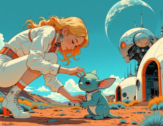 A masterpiece,  in the style of the 1980s, with bold lines, dynamic strokes and rich textures, on background with a touch of nostalgia, perhaps with subtle drawings inspired by cellulose and vintage, worn textures similar to paper, oil painting, The image is a digital illustration, not a photograph, depicting a futuristic scene. The environment is a reddish‑brown alien desert under a bright blue sky featuring a large planet and a smaller moon. In the background, there are sleek, white, dome‑shaped buildings with spires and an orange‑door entrance. A silver humanoid robot stands with its arms crossed; its head is metallic with glowing red eyes and a small antenna. A blonde woman with wavy hair, wearing a white outfit with red accents and white high‑heeled boots, bends forward and gently pets a small, blue‑green creature with large ears and expressive eyes. The creature resembles a cute alien pet. The woman has a soft smile and appears affectionate toward the creature. In the lower left corner, A blonde woman in a futuristic outfit gently pets a small blue alien creature while a silver robot stands nearby in a sci‑fi landscape with domed buildings and a large planet in the sky.. celshading, simple background