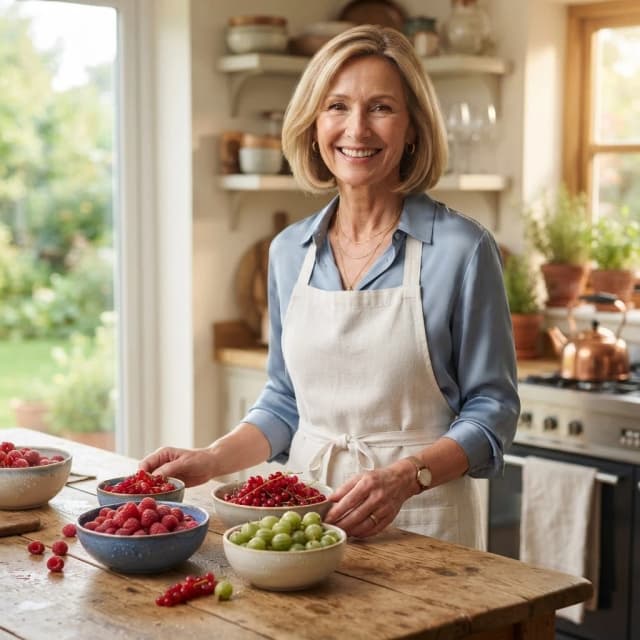 Photorealistic cinematic portrait of a graceful woman in her 50s with elegant blonde shoulder-length bob haircut. She is standing in a bright, sun-drenched modern kitchen with soft natural light streaming through a window, creating a warm and inviting atmosphere. On the rustic wooden kitchen table in front of her, there are exquisite ceramic bowls filled with fresh, glistening berries: ripe red raspberries, juicy red currants, and translucent green gooseberries, all covered in tiny droplets of morning dew. The woman is wearing a sophisticated light blue silk blouse under a clean, stylish linen apron. High-end commercial photography style, shallow depth of field with a soft bokeh background, extremely detailed textures of the skin, fabric, and fruit, 8k resolution, shot on 85mm lens, vibrant yet natural colors, cozy and serene domestic mood.