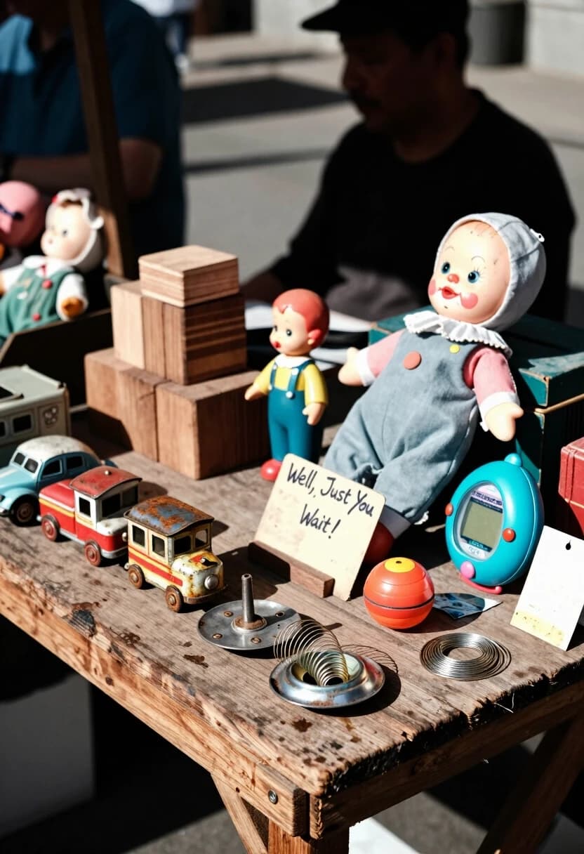 Realistic street-photo style, 50mm lens, f/2.8, daylight with soft shadows. A weathered wooden market stall displays a mix of old toys and gadgets: a row of tin toys (car, train, mechanical clown) with rust and patina; a small heap of wooden blocks and a worn plastic figure; a cloth doll propped against a crate; and among them, a Tamagotchi, a “Ну, погоди!” game, a yo‑yo, a slightly bent metal spinner, and a loosely coiled Slinky. A handwritten price sign and a few faded paper tags sit beside the items. Sunlight cuts through gaps in the awning, creating sharp highlights on metal and deep shadows in the wood grain. The composition is slightly candid, as if caught mid‑day at a flea market; a blurred figure of a vendor stands in the background. Mood: authentic, lived‑in, with a sense of history. High attention to textures: peeling paint, oxidized metal, frayed fabric, worn plastic.
Keywords: flea market stall, vintage toys display, realistic textures, daylight contrasts, authentic atmosphere, mixed toy types, tactile details.