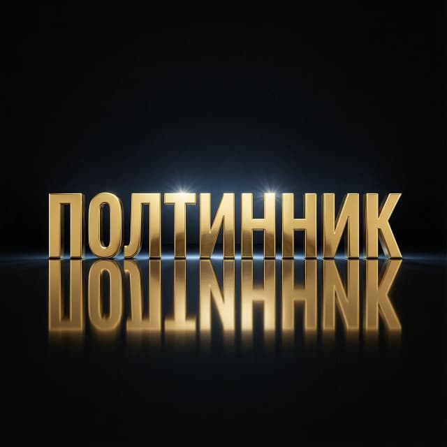 Minimalist composition on a solid, deep matte black background. In the center, the word "ПОЛТИННИК" is rendered in a bold, upright Soviet-style sans-serif typeface, reminiscent of mid-century Cyrillic signage. The letters are crafted from highly polished, reflective 24k gold, featuring realistic metallic luster, subtle specular highlights, and soft anisotropic reflections. Below the text, a perfect, symmetrical vertical reflection creates a flawless mirror effect on a dark, polished surface. High-end studio lighting, cinematic macro photography style, sharp focus on the golden texture, elegant atmosphere, 8k resolution, hyper-realistic metal material properties.