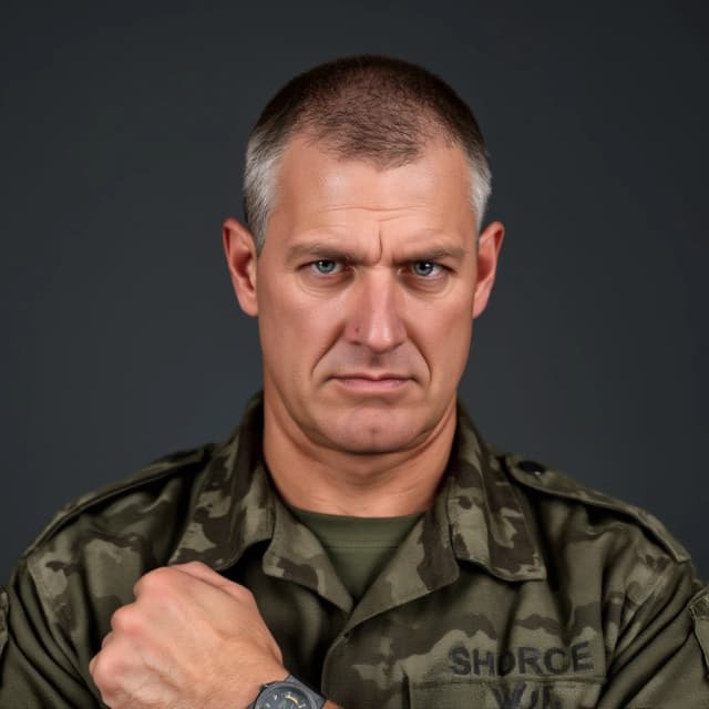 профессиональный портрет майора армии США, лет 35–40: среднего роста, крепко сбитый, с жилистой, «рабочей» мускулатурой, кто каждый день тянет нагрузку и не жалуется. Плечи чуть приподняты, будто он всё время готов к рывку, а шея мощная, с проступающими венами — след постоянного напряжения.

Лицо резкое, подвижное: скулы острые, нос прямой, но с лёгкой асимметрией, будто однажды его ломали и он сросся неидеально. Губы тонкие, часто поджаты, а уголки рта будто привыкли к жёсткой усмешке. Глаза светлые — серо‑голубые или стальные. Брови густые, ломаные.

Стрижка предельно короткая, почти под ноль, кожа бледная, но не болезненная, а скорее выгоревшая от долгих дежурств и недосыпа; на висках и вдоль линии роста волос уже пробивается ранняя седина. На левой щеке — тонкий шрам длиной в пару сантиметров: не героический, а будничный, как след осколка или удара.

Одет в полевую форму: камуфляж приглушённого серо‑оливкового оттенка На плечах аккуратные погоны майора. На запястье — простые тактические часы с поцарапанным стеклом, на пальцах правой руки — лёгкие мозоли, будто он то и дело перебирает снаряжение.

Поза нервная, будто энергия ищет выхода: он стоит, слегка наклонившись вперёд, будто вот‑вот сорвётся с места. Одна рука сжата в кулак, другая нервно дёргает пуговицу или поправляет ремень. В выражении лица — смесь раздражения и внутренней собранности.