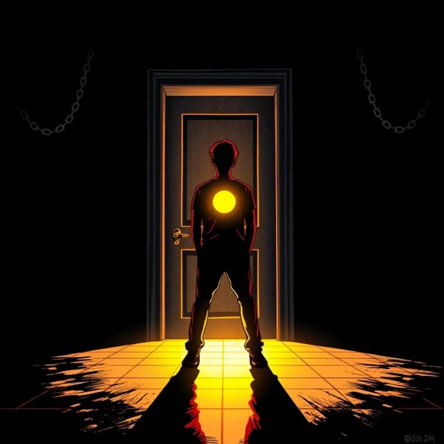 Comic book style illustration. A person standing alone in a dark room, facing a closed door. The door is slightly open, warm golden light spilling through the crack. The person's chest is glowing with the same warm light — the light comes from within. Behind the person, dark shadows of chains and walls fade away. The person is not running. Not afraid. Just standing. Just breathing. Just being. Style: graphic novel, bold lines, dramatic lighting, strong contrast, deep blacks and warm golds. Cinematic, emotional, symbolic. Vertical composition. No text. Mood: freedom, awakening, the moment of choice.