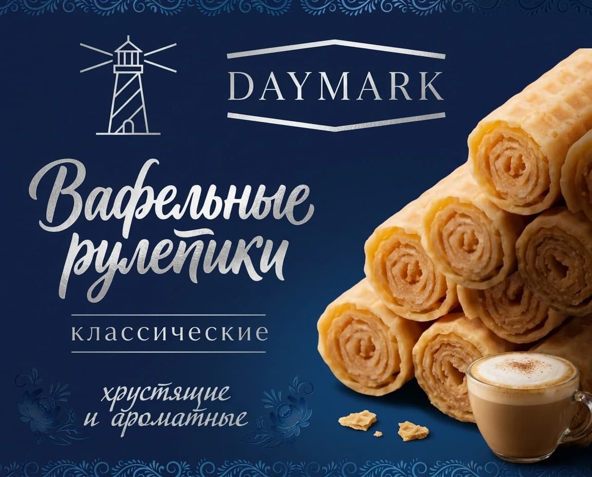 изменить фон:  глубокие, сложные оттенки: темно-синий (navy), добавьте едва заметную текстуру качественной бумаги или матового пластика;
сменить шрифт: изящную, современную антикву (с засечками);
бренд: "DAYMARK", форму и структуру бренда не менять, сделать чуть тоньше буквы и линии
Уменьшите размер надписей; оставить в верхней части композиции
Увеличьте трекинг (расстояние между буквами) в словах «классические» и «DAYMARK»;
сделайте узор фрагментарным, очень тонкими линиями и, возможно, в технике лакировки
Логотип птицы: заменить на маяк,  сделать его графичным, более минималистичным, геометрическим и отделить от надписи, чтобы композиция «дышала».;
Фуд-зона: вафлям добавить глубокие тени и мягкий боковой свет.
Взаимодействие с фоном: Добавьте естественную тень под вафлями, чтобы они «лежали» на поверхности, а не висели в воздухе.
Сервировка: Вместо просто горы вафель можно добавить один эстетичный элемент: крошки, кружку капучино
цвета: Вместо белого цвета для элементов попробуйте серебро (тиснение фольгой) .