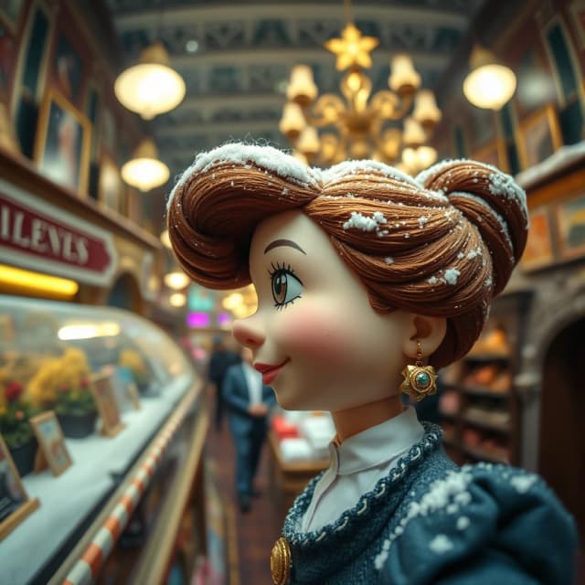 stylized by Bill Brauer, Zack Snyder, stuffed toy of a majestic, close up of a (Female Clerk:1.1) , the Woman is [Unadvised|Antsy-pantsy], Auburn hair styled as Pompadour, Snowy, Wide view, Masterpiece, HDR, compact camera, pov, psychedelic colors, dreamy magical atmosphere, delicate, highly decorated, luxurious sharp focus, warm light, rich vivid colors